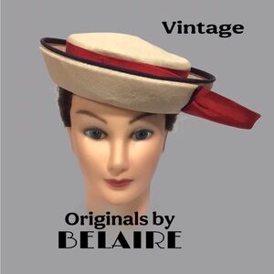 Vintage BELAIRE Southern California Cream Hat Curled Brim Red Ribbon 1950s-60s